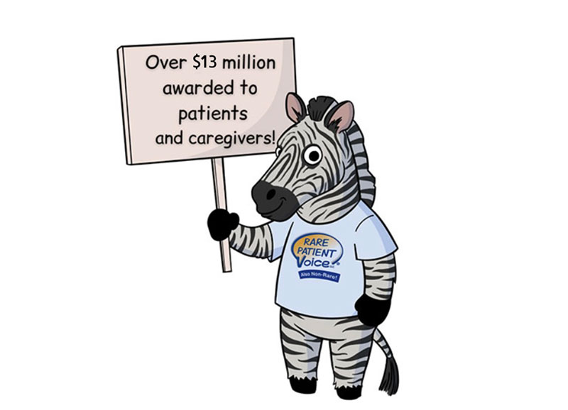 Rare Patient Zebra holding sign that says 9 million awarded to patients and caregivers