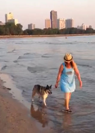 Woman and dog walking on beach.  The woman is using a WaterGait WaterLeg.
